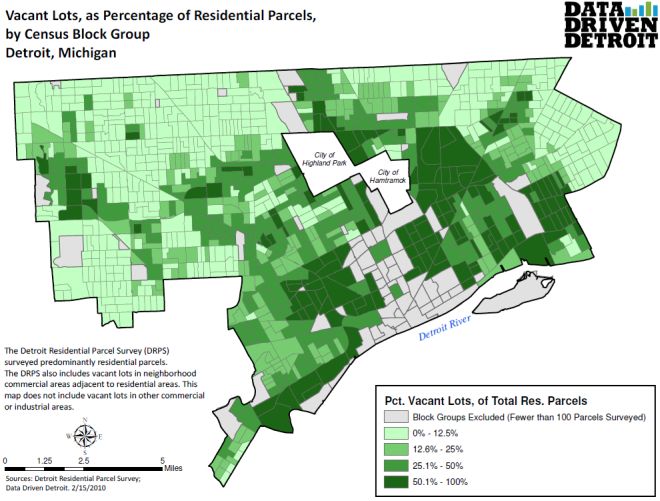 Map with vacant lots share in Detroit